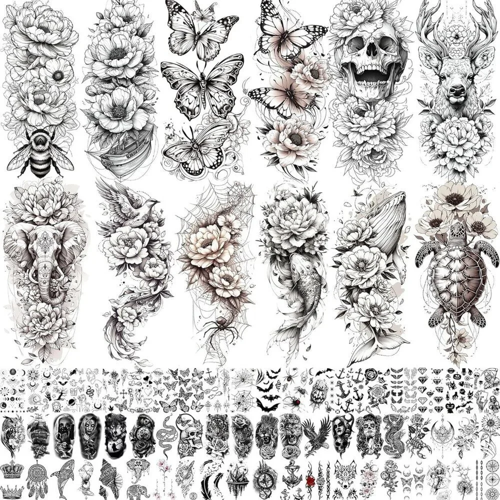 71 Sheets Rose Peony Flower Temporary Tattoos For Women Adults, Black Florals Ha